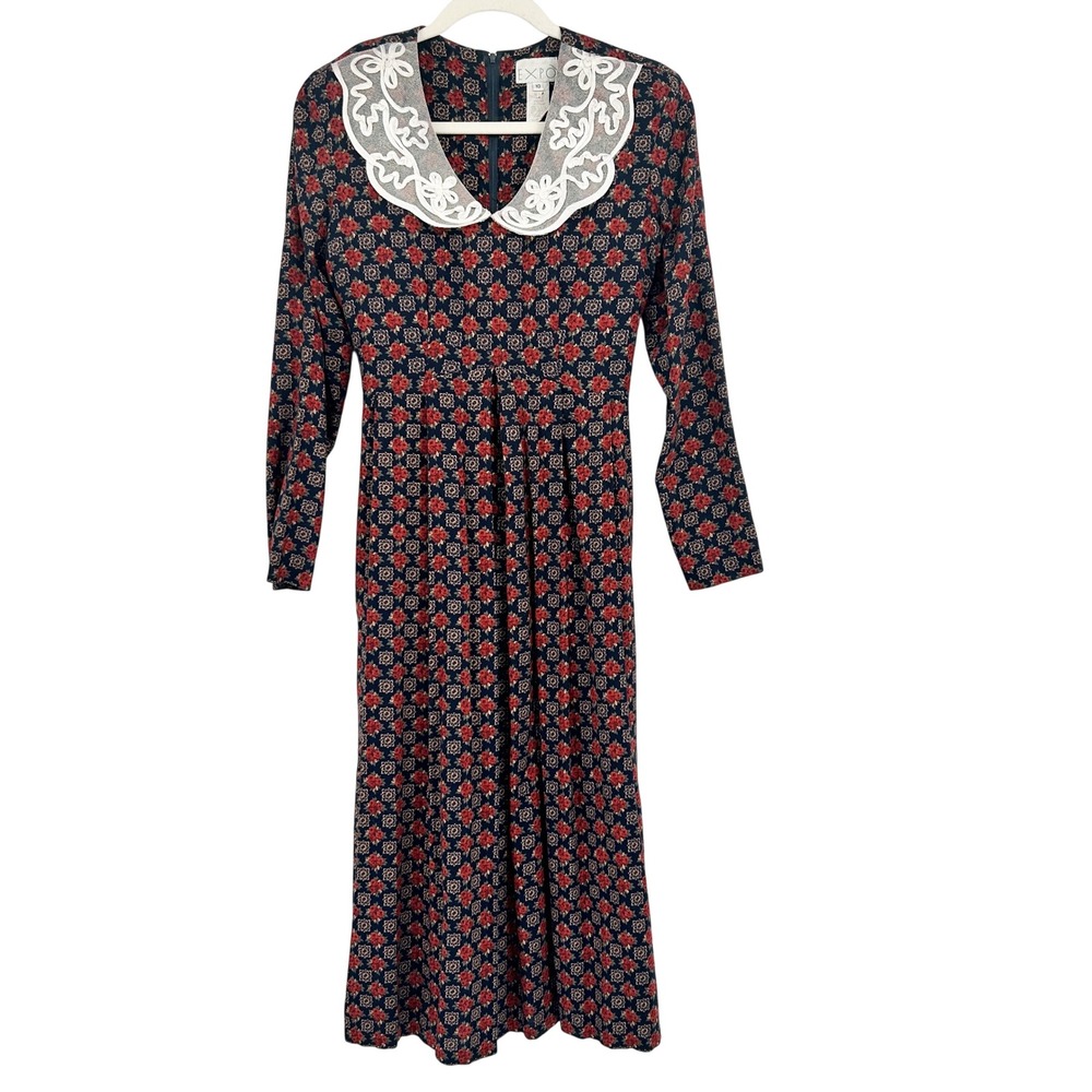 EXPO Womens Vintage 90s‎ Floral Lace Collar Prairie Cottagecore Midi Dress 10